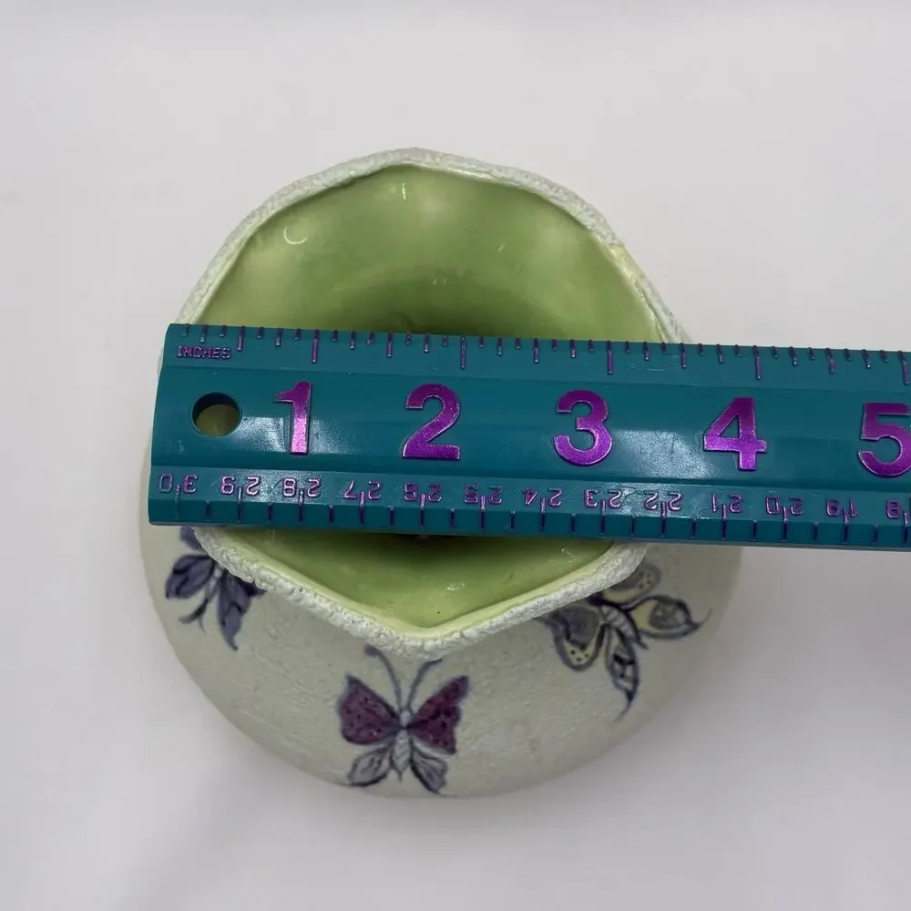 Vintage Hand Painted Textured Green Ceramic Artisan Vase With Butterflies
